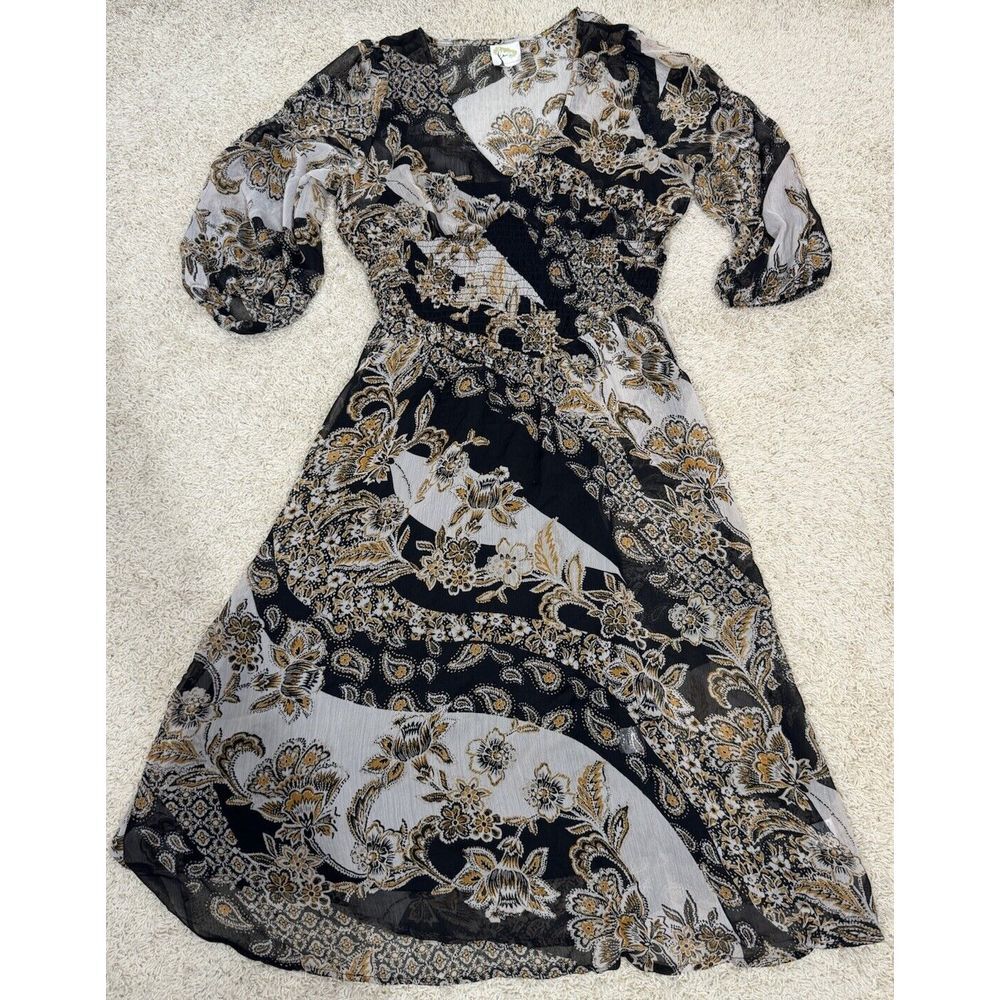 Anthropologie Fig And Flower Dress Sheer Boho Smocked Waist‎ Puff Sleeve Size S